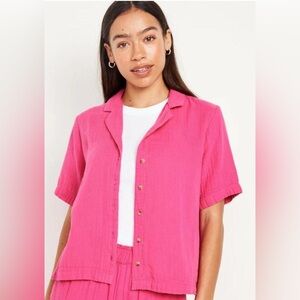 Old Navy Vibrant Pink Crinkle Gauze Button-Down Shirt